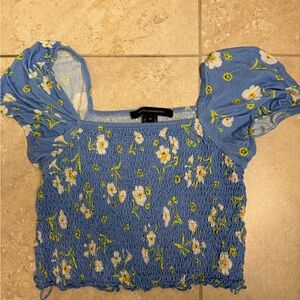French Connection Blue and Yellow Smocked Blouse with Cap Sleeves